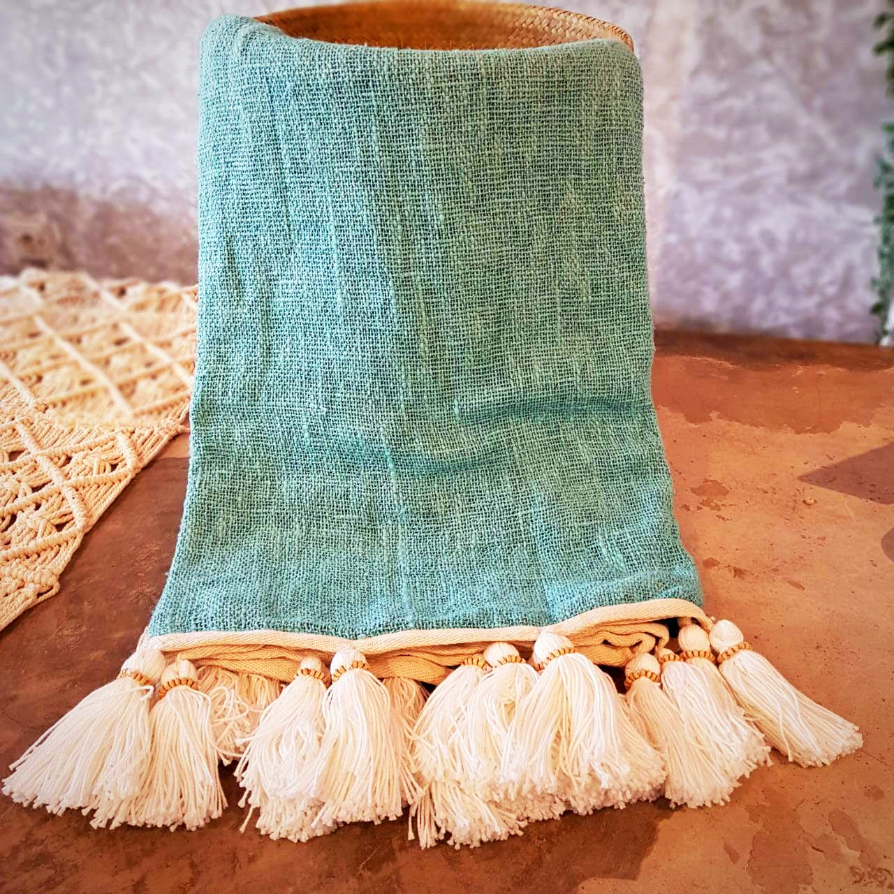 Soft Baby Blue Woven Cotton Throw with Natural Tassels and Wooden Beads | 130×200cm