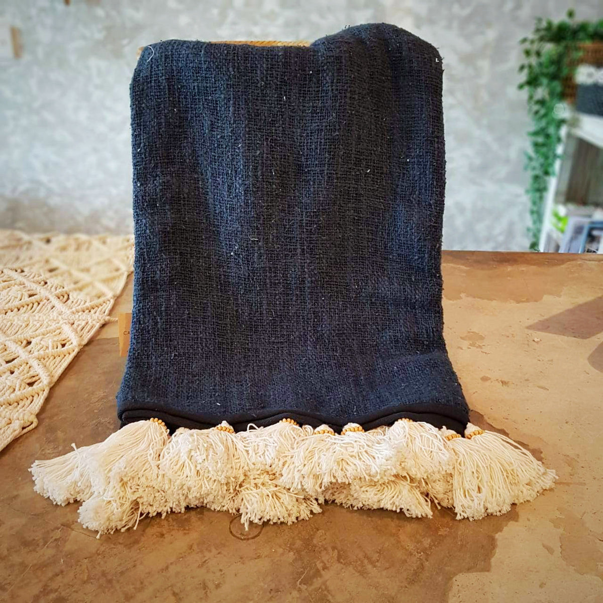 Dark Blue Raw Cotton Throw with Beaded Tassels | 152×214cm Soft & Breathable Cotton Blanket for Sofa & Bed