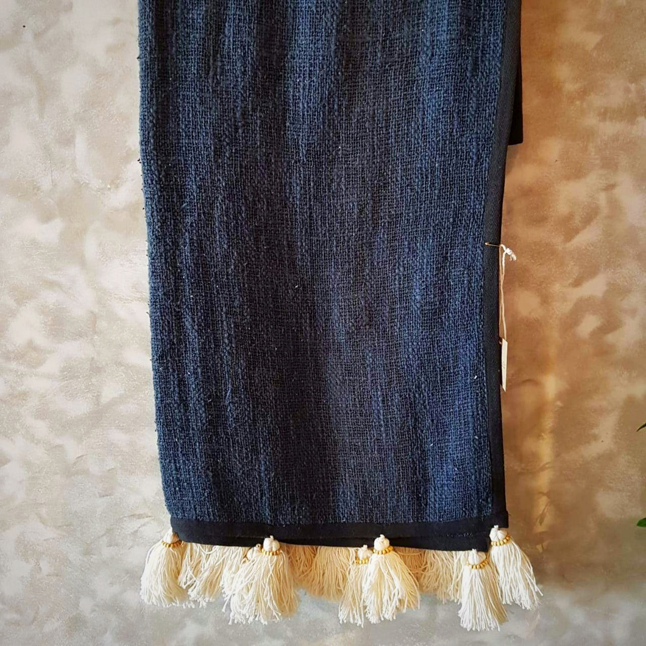 Dark Blue Raw Cotton Throw with Beaded Tassels | 152×214cm Soft & Breathable Cotton Blanket for Sofa & Bed