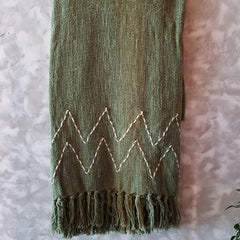 Soft Green Raw Cotton Throw with White Stitch Pattern | 140×200cm Breathable Cotton Blanket for Sofa & Bed