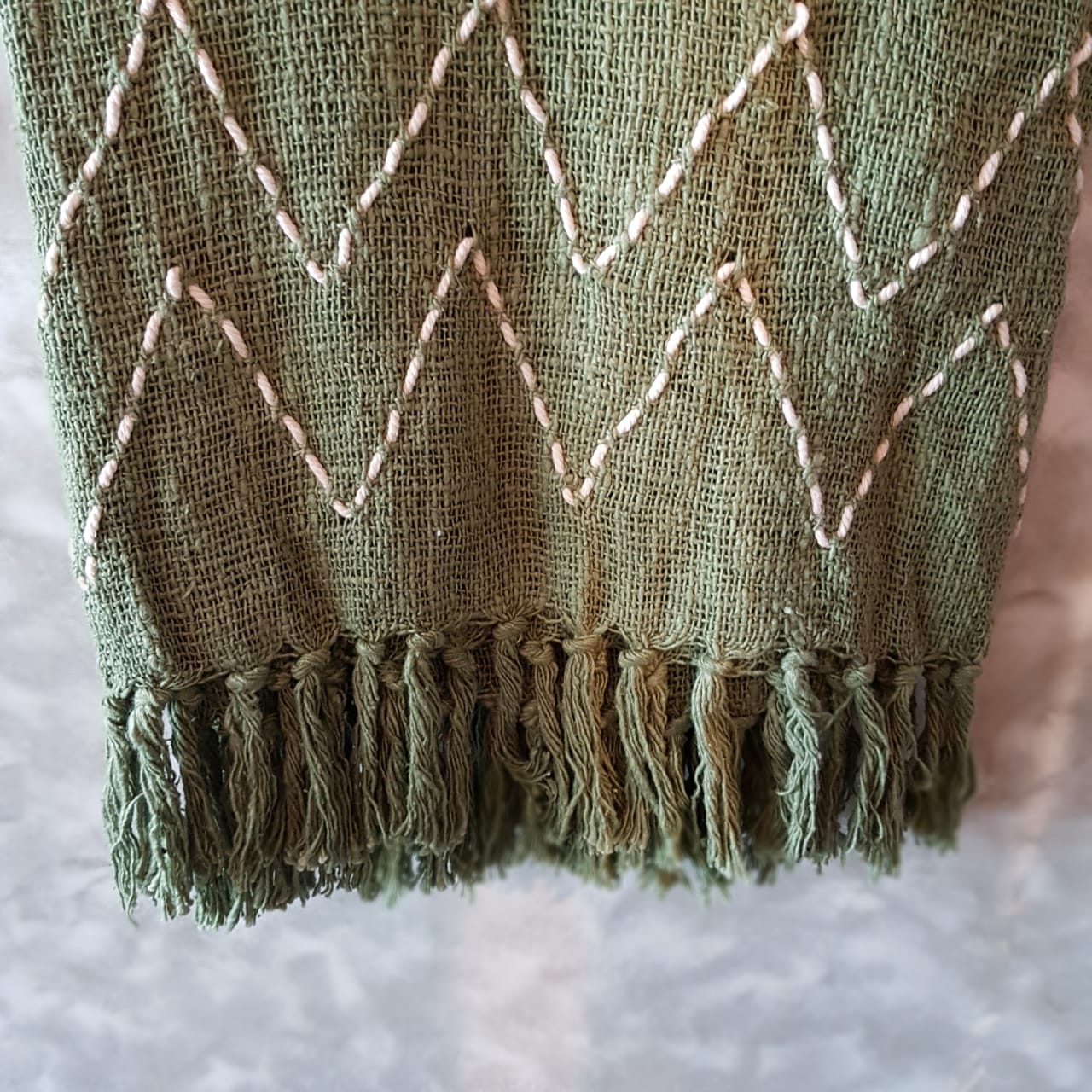 Soft Green Raw Cotton Throw with White Stitch Pattern | 140×200cm Breathable Cotton Blanket for Sofa & Bed