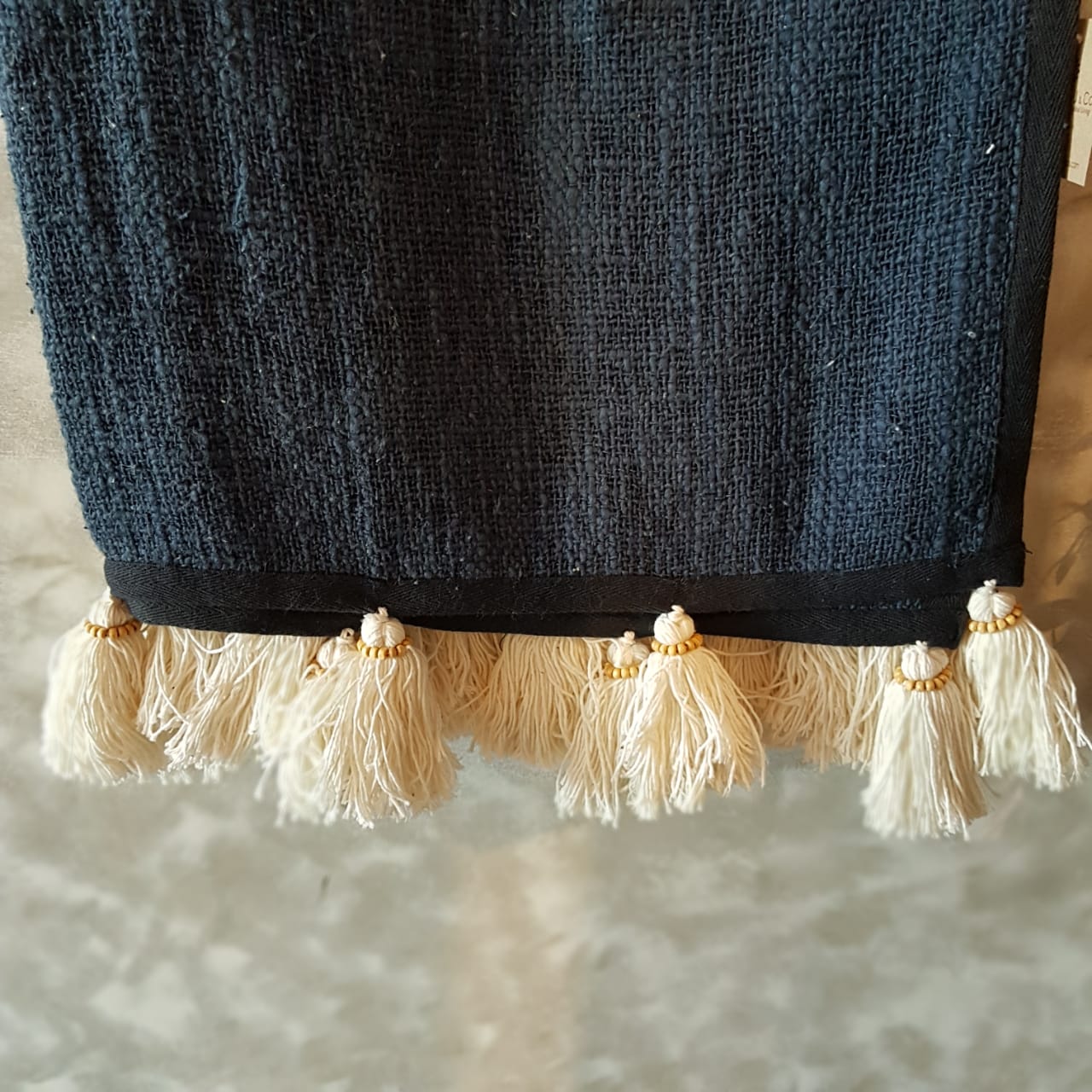Dark Blue Raw Cotton Throw with Beaded Tassels | 152×214cm Soft & Breathable Cotton Blanket for Sofa & Bed