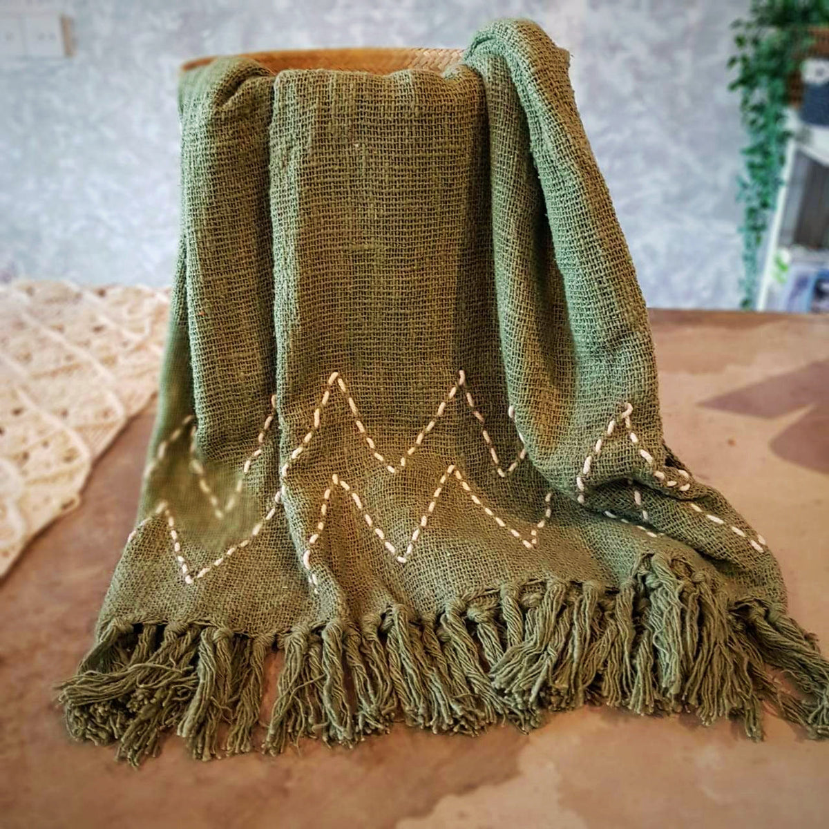 Soft Green Raw Cotton Throw with White Stitch Pattern | 140×200cm Breathable Cotton Blanket for Sofa & Bed
