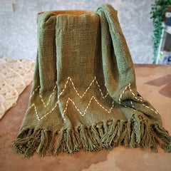 Soft Green Raw Cotton Throw with White Stitch Pattern | 140×200cm Breathable Cotton Blanket for Sofa & Bed