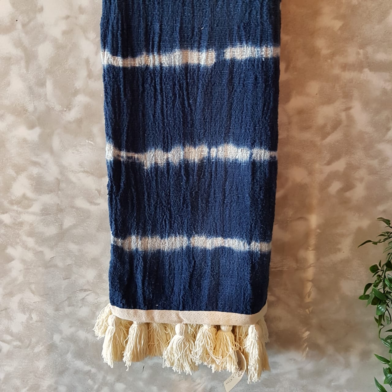 Navy & White Tie-Dye Raw Cotton Throw with White Tassels | 145×200cm Soft Handmade Cotton Blanket for Sofa & Bed