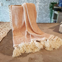 Light Pink Raw Cotton Throw with White Tassels | 143×216cm Soft & Breathable Cotton Blanket for Sofa & Bed