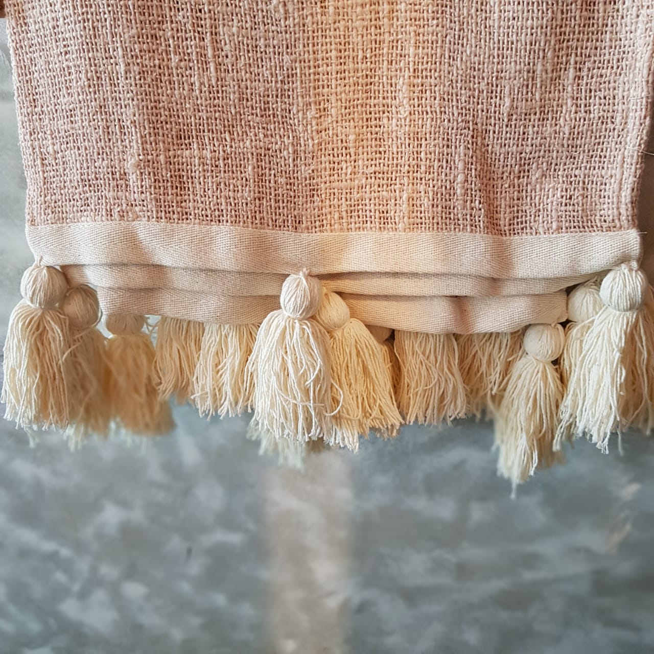 Light Pink Raw Cotton Throw with White Tassels | 143×216cm Soft & Breathable Cotton Blanket for Sofa & Bed