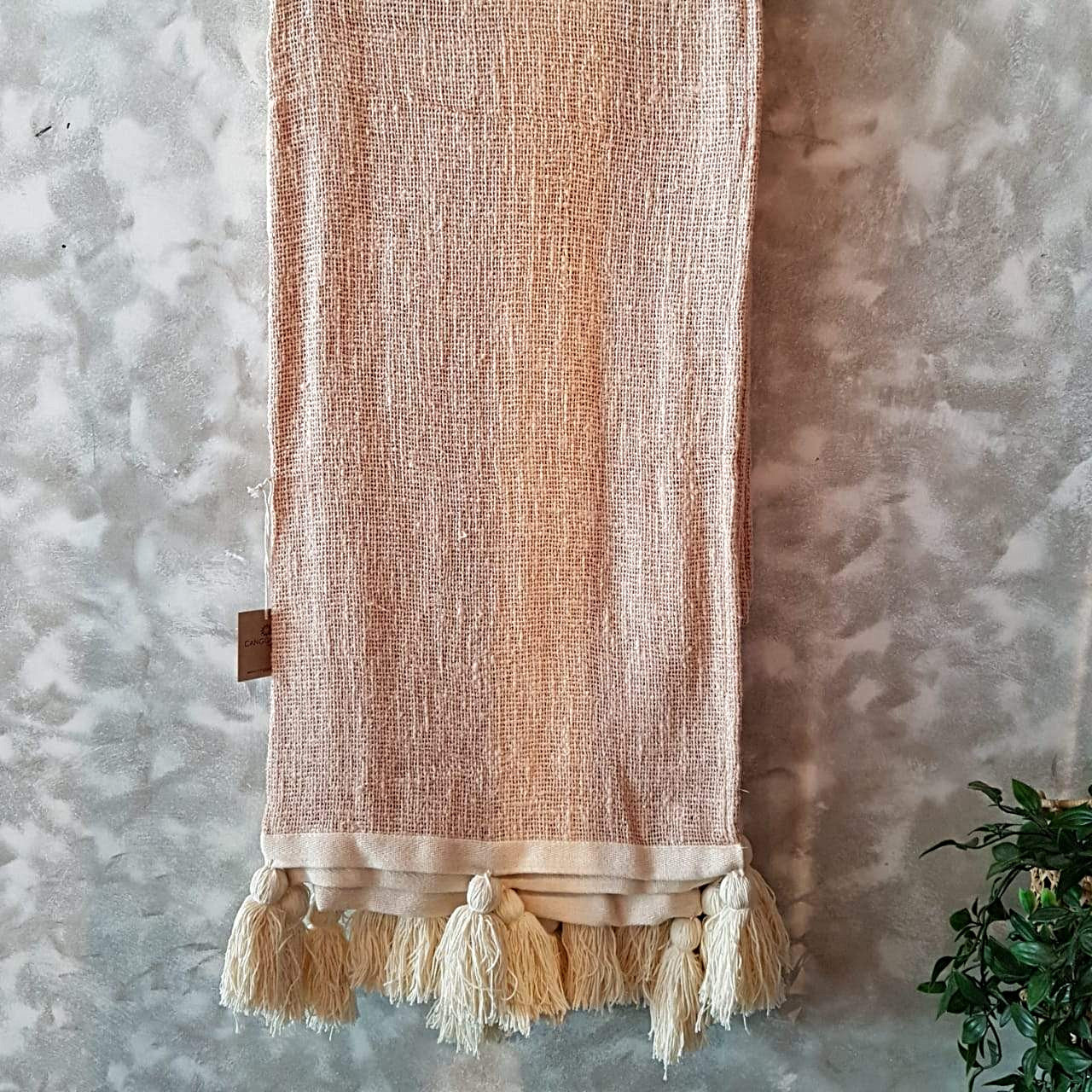 Light Pink Raw Cotton Throw with White Tassels | 143×216cm Soft & Breathable Cotton Blanket for Sofa & Bed