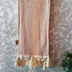 Light Pink Raw Cotton Throw with White Tassels | 143×216cm Soft & Breathable Cotton Blanket for Sofa & Bed