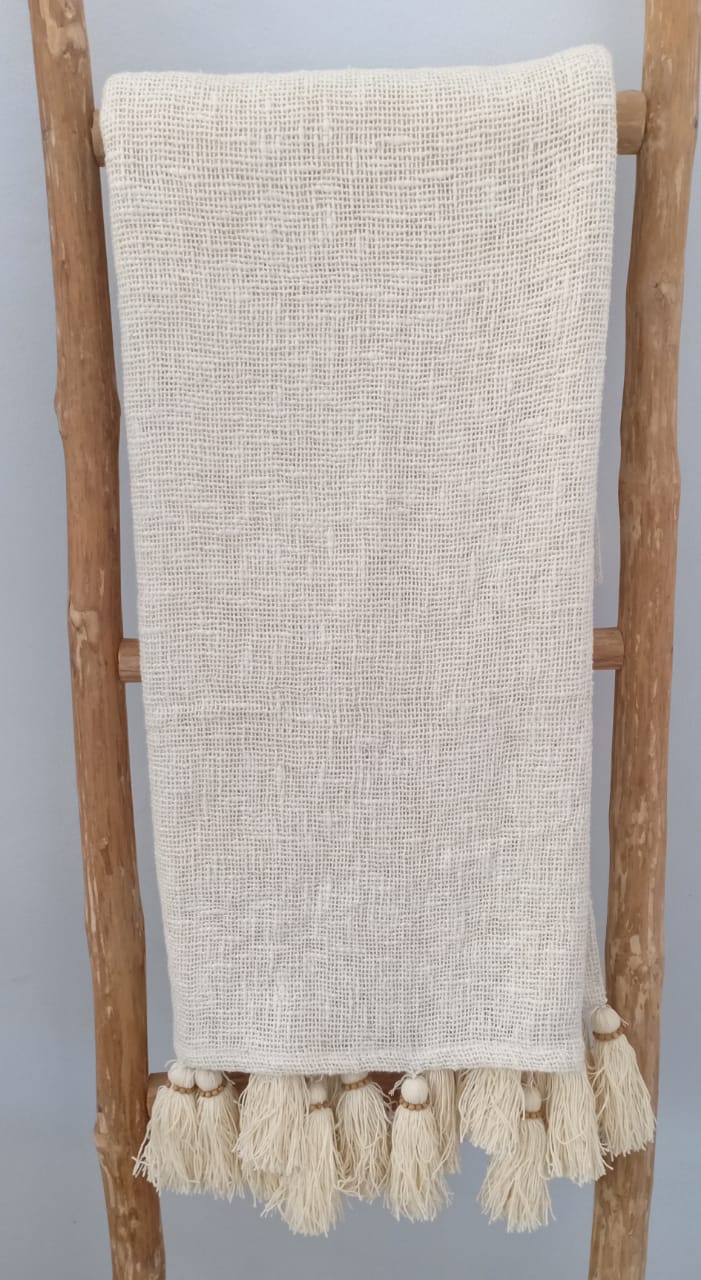 White Woven Cotton Throw with Black Tassels and Wooden Beads | 130×200cm