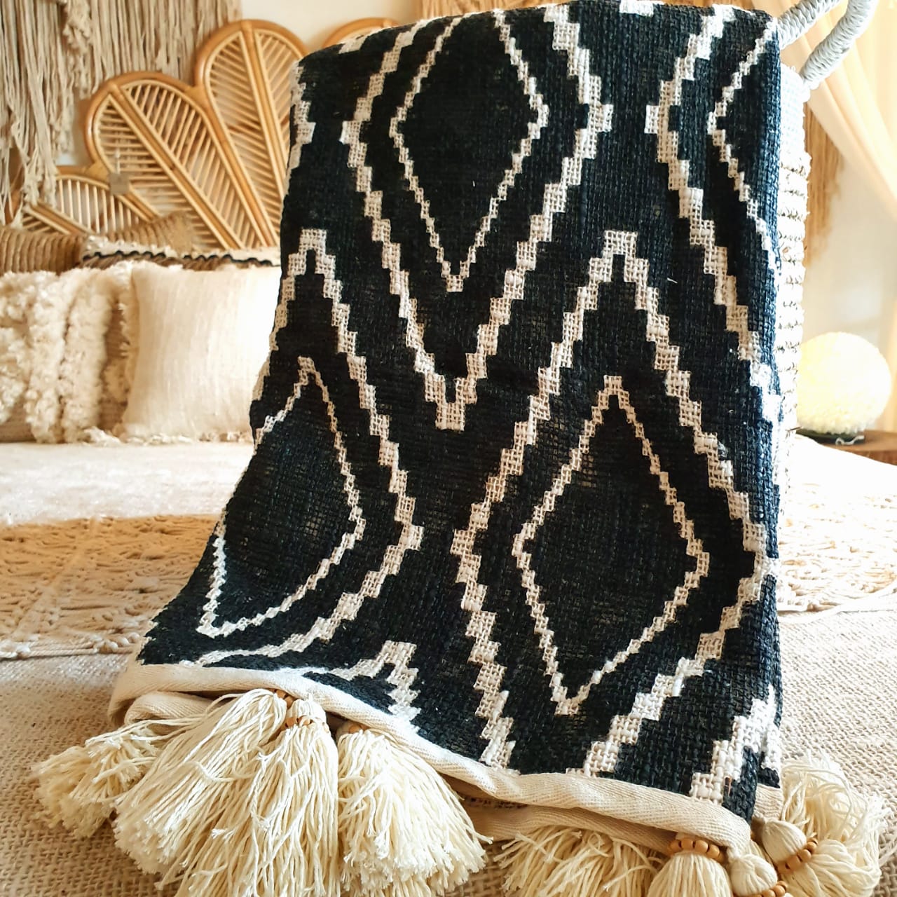 Black Cotton Throw with Diamond Pattern and Wooden Beaded Tassels | 125×200cm