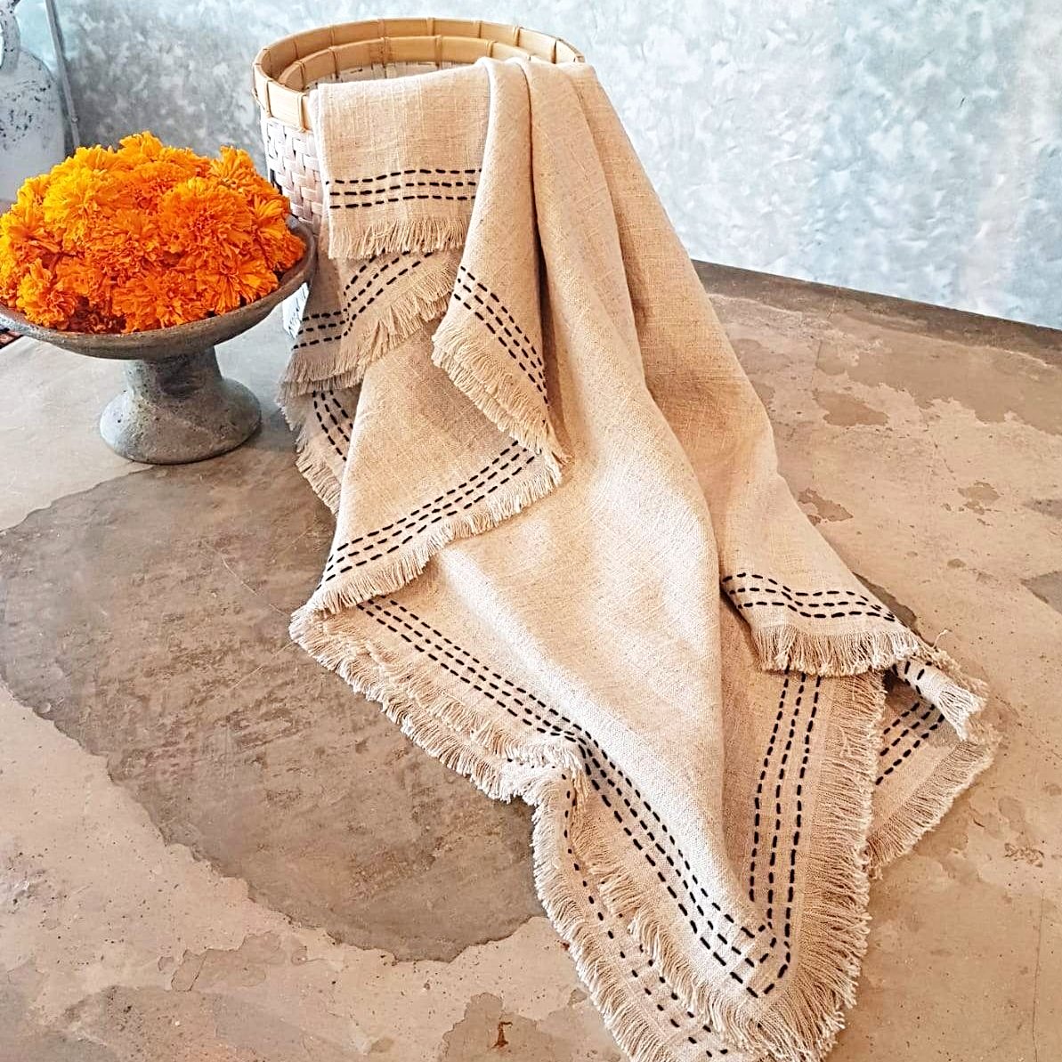 Natural Linen Throw with Black Stitching and Fringe | 145×220cm
