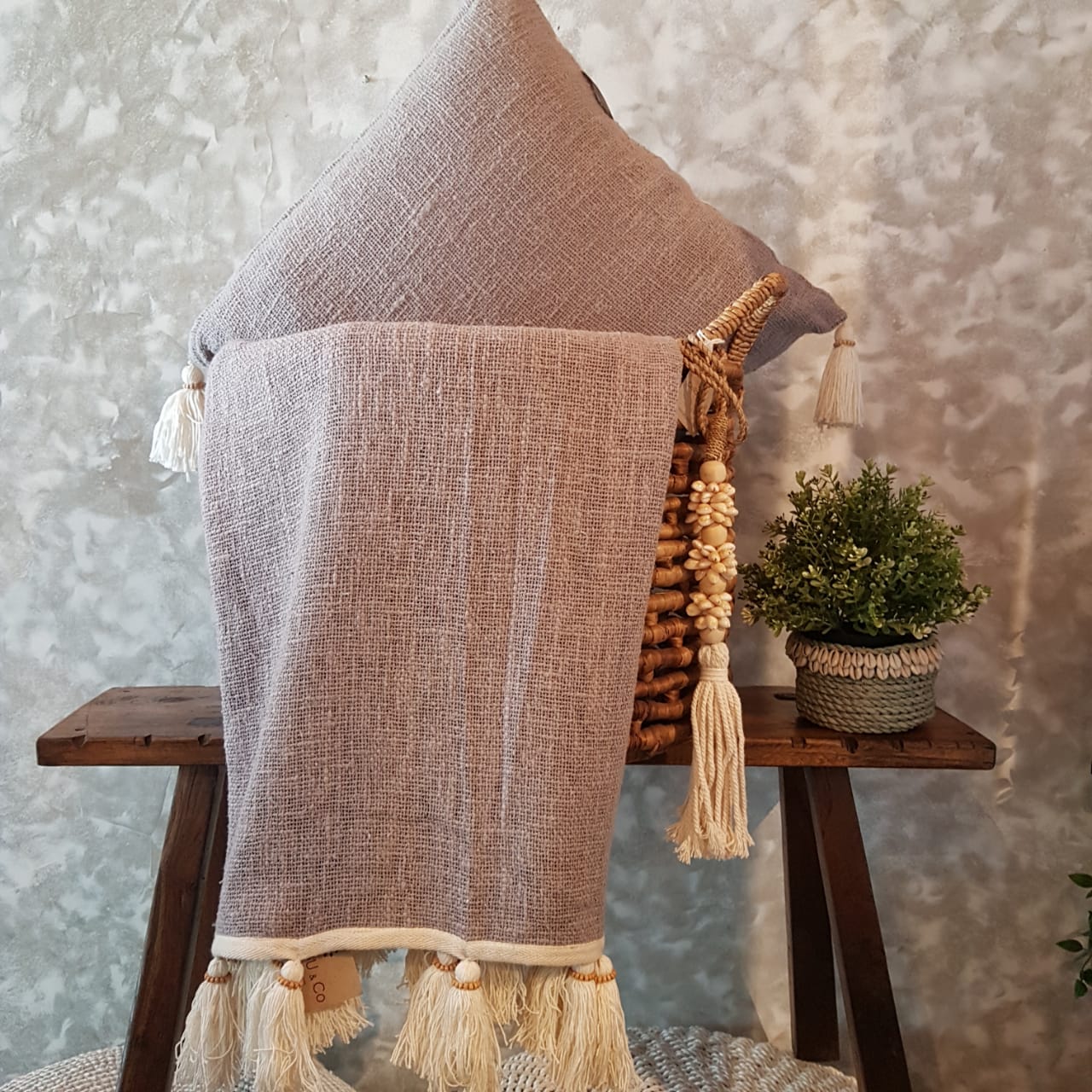 Grey Raw Cotton Throw with Natural Beaded Tassels | 125×195cm