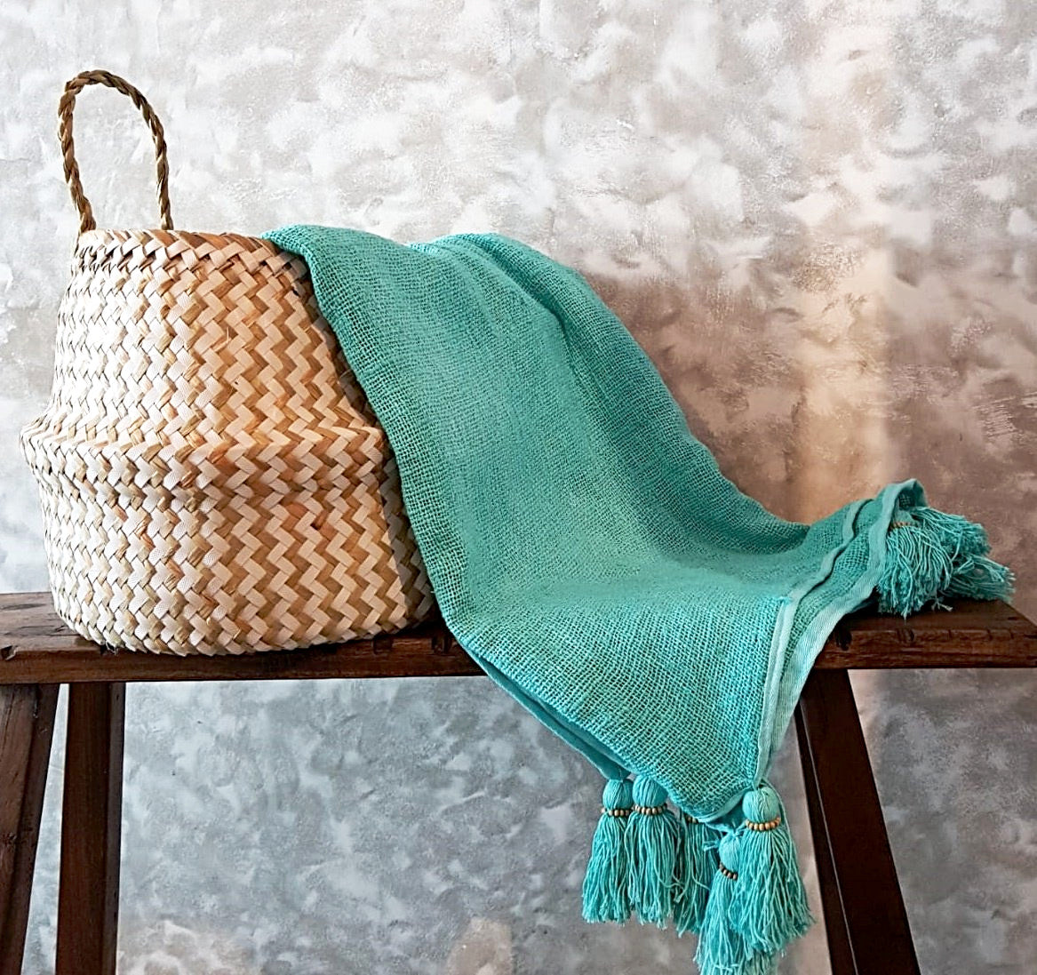 Baby Blue Raw Cotton Throw with Blue Beaded Tassels | 140×200cm Soft Lightweight Blanket