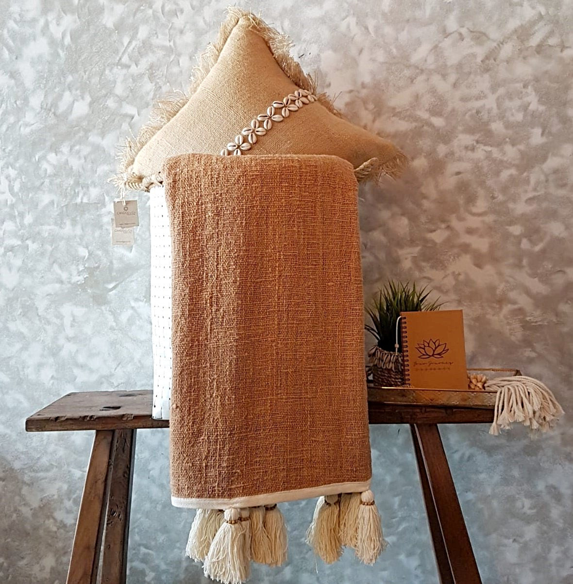 Light Brown Raw Cotton Throw with Natural Beaded Tassels | 140×200cm Soft & Cozy Blanket for Sofa & Bed