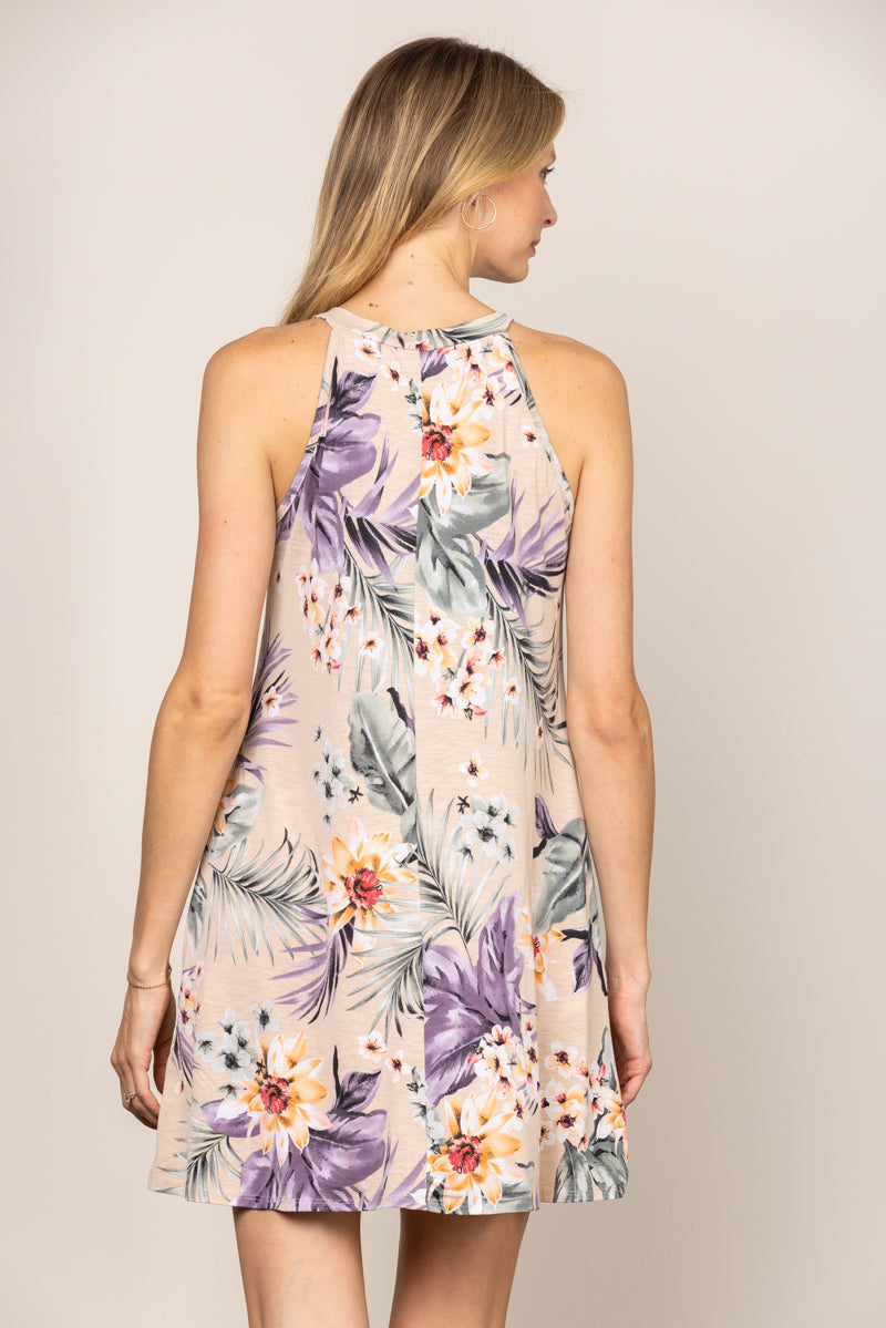 Sleeveless Floral Print Halter Dress｜High Neck A-Line Mini Dress｜Lightweight Elegant Vacation Dress