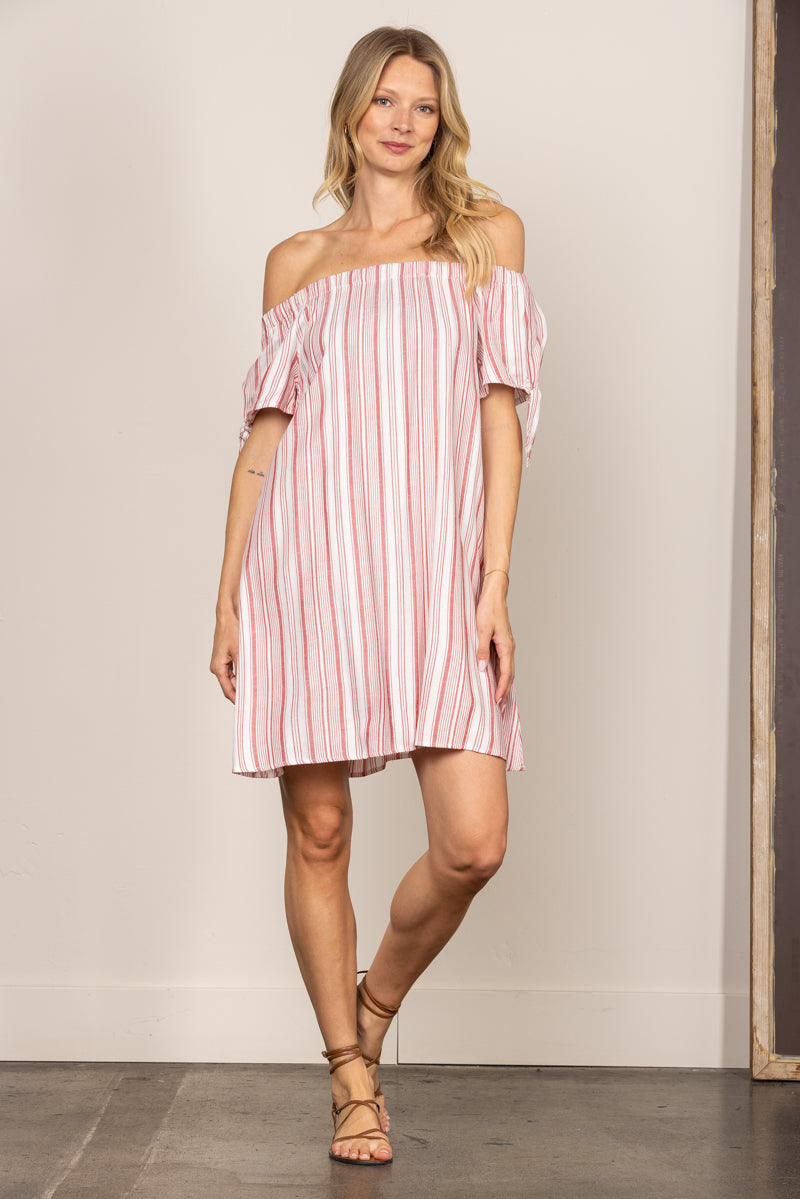 Pink and White Striped Off-Shoulder Dress｜Loose Fit Short Summer Dress｜Lightweight and Elegant Casual Outfit
