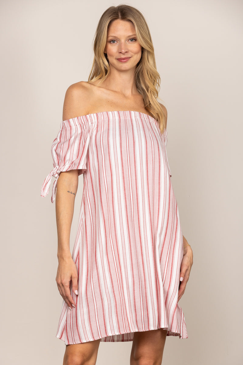 Pink and White Striped Off-Shoulder Dress｜Loose Fit Short Summer Dress｜Lightweight and Elegant Casual Outfit