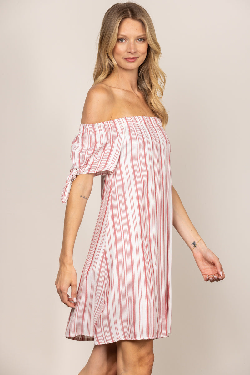 Pink and White Striped Off-Shoulder Dress｜Loose Fit Short Summer Dress｜Lightweight and Elegant Casual Outfit
