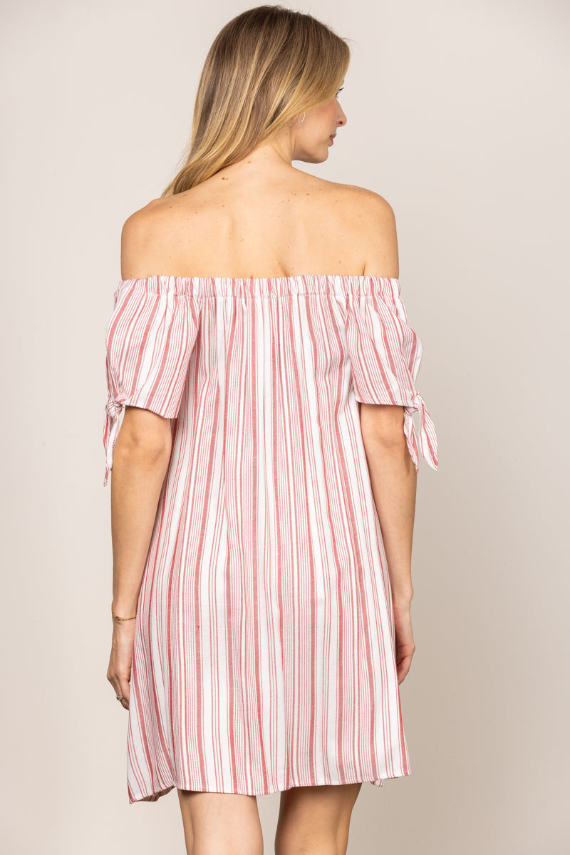 Pink and White Striped Off-Shoulder Dress｜Loose Fit Short Summer Dress｜Lightweight and Elegant Casual Outfit