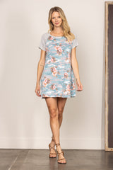 Light Blue Floral Print Short Sleeve Dress｜V-Neck Summer Mini Dress｜Slim-Fit High Waist Casual Dress for Vacation or Daily Wear