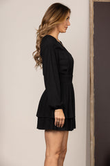 Black V-Neck Long Sleeve Pleated Dress｜Elegant Slim Fit A-Line Mini Dress｜Chic Autumn/Winter Style
