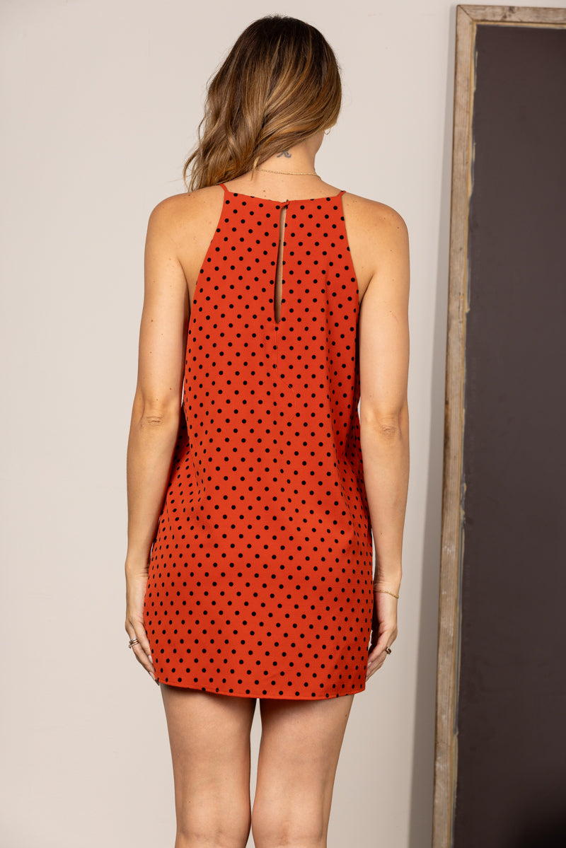 Orange Red Eyelet Sleeveless Dress｜High Neck A-Line Mini Dress｜Lightweight Summer Vacation Dress