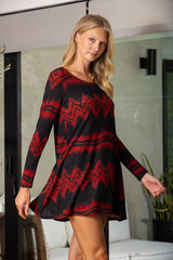 Red and Black Pattern Long Sleeve Dress｜Loose Fit Round Neck Mini Dress｜Casual Retro Autumn Outfit
