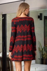 Red and Black Pattern Long Sleeve Dress｜Loose Fit Round Neck Mini Dress｜Casual Retro Autumn Outfit